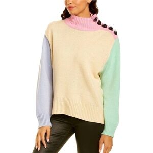 Olivia Rubin Lyla High Neck Pastel Colorblock Sweater Jeweled Heart Buttons Sz S